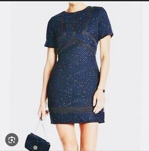 Adelyn Rae Navy Blue Tweed Sheath Dress Sheer Black Cut Outs Cocktail (XS) #0447